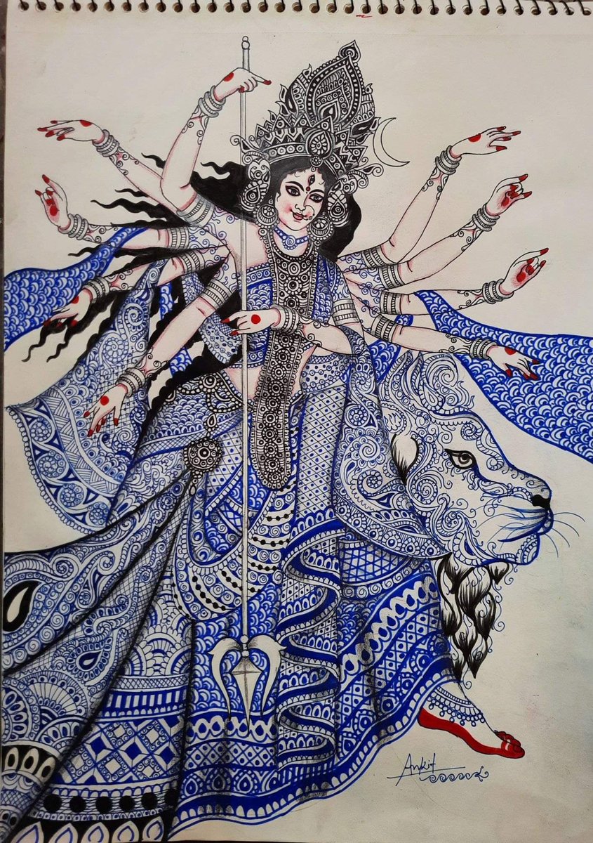 Blissful Madhubani style potrait of Devi Maa