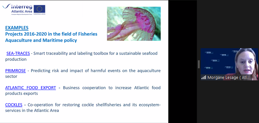 EU_FAMENET's tweet photo. Morgane Lesage from INTERREG Atlantic Area Programme gives a presentation explaining the part that  fisheries and aquaculture projects play in the overall programme #FARNETNorthATL https://t.co/ReRjpM8dvg
