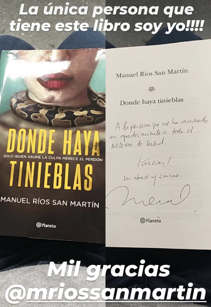 mriossanmartin's tweet photo. Como sabéis, ayer me vacunaron y regalé el primer ejemplar salido de la imprenta de ‘Dónde haya tinieblas’ a la enfermera que lo hizo como agradecimiento a todo el sistema de Salud. Hoy, las redes sociales han hecho su magia y aquí está su mensaje. 😍😍 https://t.co/2H008PfcMh