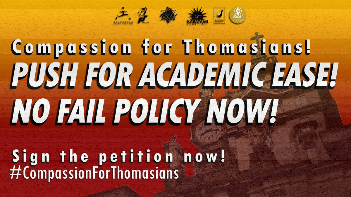 PS_USTSHS's tweet photo. COMPASSION FOR THOMASIANS!
PUSH FOR ACADEMIC EASE!
NO FAIL POLICY NOW!
UST, HEED THE CALLS OF YOUR STUDENTS!
Sign the petition:
https://t.co/b7H2uiWQym
Join the social media rally!
#CompassionForThomasians
#NoFailPolicyNOW
#AcadEaseNowUST
#NoStudentLeftBehind https://t.co/hcfuZXrkJI