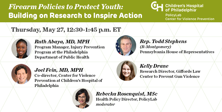 CVPatCHOP's tweet photo. Join @PolicyLabCHOP &amp; CVP's Drs. Ruth Abaya &amp; Joel Fein on 5/27 for “Firearm Policies to Protect Youth: Building on Research to Inspire Action,” a free virtual conversation with experts to discuss research gaps &amp; opportunities. Learn more &amp; register here: https://t.co/FX0hpMx2mJ https://t.co/jNdjfpUU8x