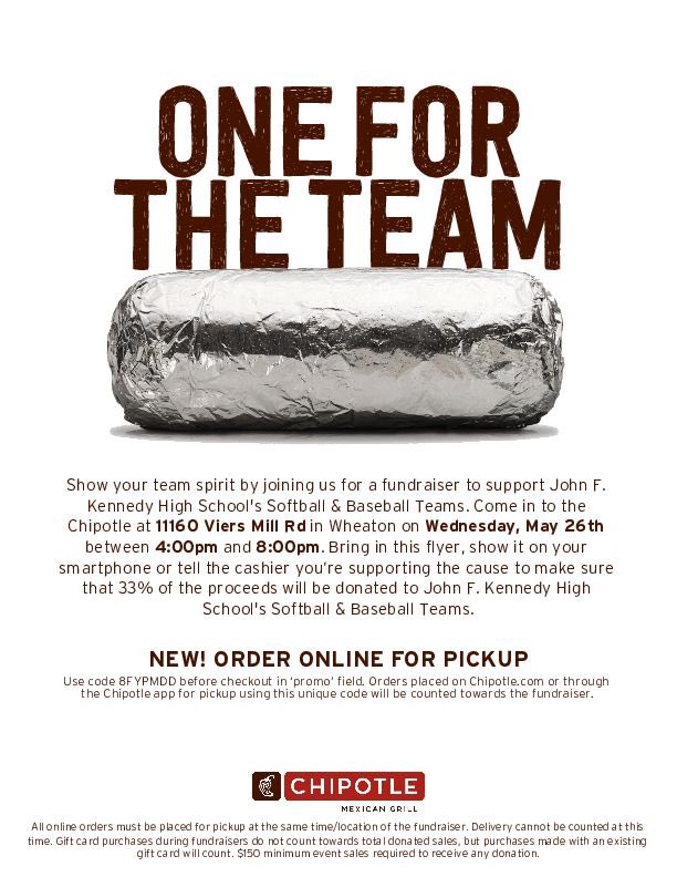 Support the Cavaliers Softball &amp; Baseball teams by grabbing chipotle for dinner tonight!