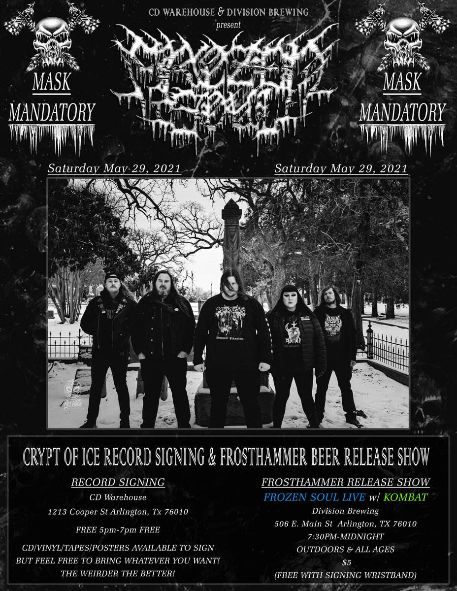 Frozensoultx's tweet image. This saturday we’ll be playing live for the first time since February 2020 with our homies Kombat! Make sure to get to the record signing and you’ll get into the afterparty/show at the brewery for free 🍻🍻🍻🥶🥶🥶