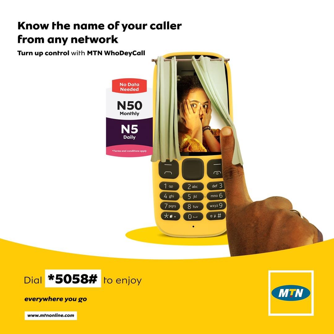 MTN180's tweet photo. With MTN WhoDeyCall, you have the control to know who your caller is.
Simply dial *5058# to start. #MTN180Tips https://t.co/9tMn53aWg6