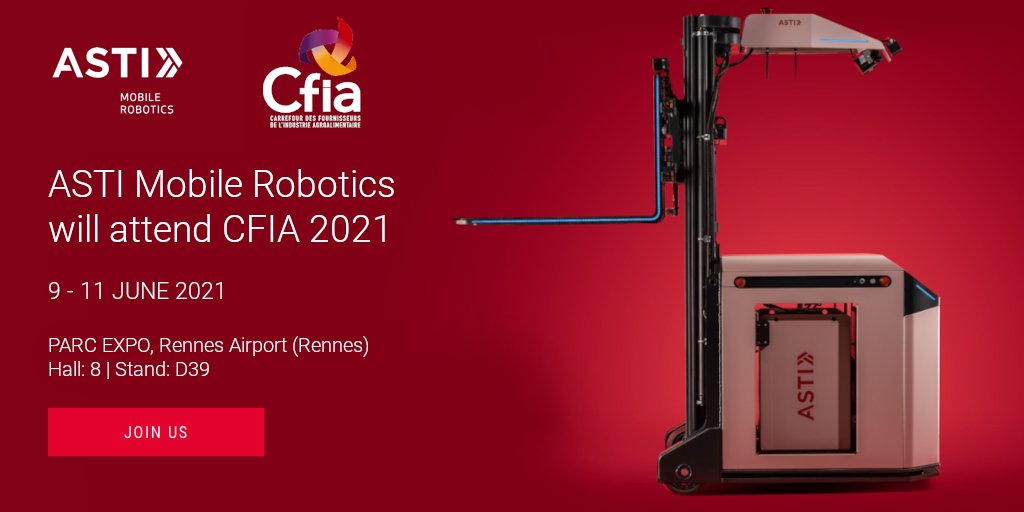 On the 9th, 10th and 11th of June, #ASTI Mobile Robotics will be attending the CFIA 2021 in Rennes (France).
If you have your ticket visit us in Hall 8, Stand D39. If you don't but you want to join us do not hesitate to contact us: hubs.ly/H0P4Xqv0
#CFIA2021 #Food #AGVs