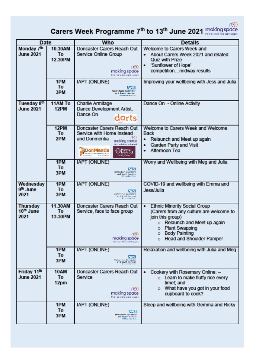 CarersDoncaster's tweet photo. Carers Week 2021 - Week Programme
#carersweek2021 #MakeCaringVisable #UnpaidCarers https://t.co/C6yVzRgKK1