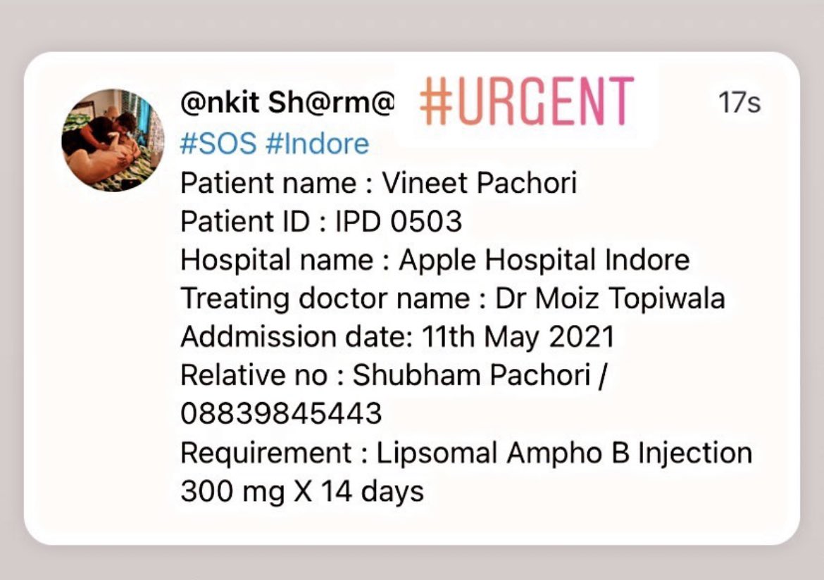Twitter, there’s an urgent requirement of #LiposomalAmphotericinB injection in #Indore . Can you please do your thing?