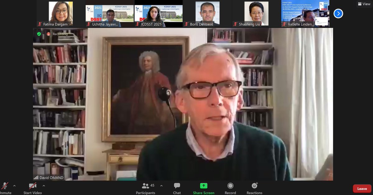 fccdp's tweet photo. #ICDSST2021 The @EWGDSS Int.Conference on Decision Support Systems Technology is now enjoying a very interesting and insightful Keynote from Professor Sir David Omand GCB on “How Spies Think”.
#DecisionMaking #Awareness #Explanation #Estimation #Strategy #IntelligentAnalysis https://t.co/EcK39iDBVB