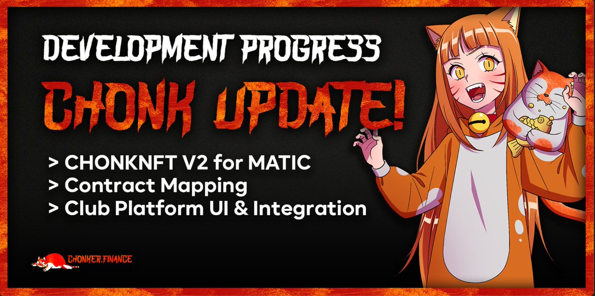ChonkerFinance's tweet photo. CURRENT CHONKY DEVELOPMENT UPDATE: 🔥
✅ CHONKNFT V2 Contract being worked on (completed by this week)
✅ REMAPPING & TESTING of V2 CONTRACT on L2 MATIC. (next week)
✅ UPDATED UI DESIGN for #GACHACHONK Collection page. (this week)
✅ #CLUB PLATFORM UI & INTEGRATION https://t.co/wN3ruVknqW