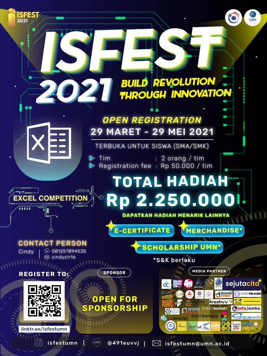 Halo, Festivers!🔥

Information System Festival (ISFEST) 2021 menghadirkan 5 kompetisi berskala nasional supaya kamu tetap produktif dan terus berinovasi di masa pandemi tanpa mengenal batas! Yuk, simak informasi selengkapnya! 😎

Instagram : @isfestumn
Line OA : @491euvvj