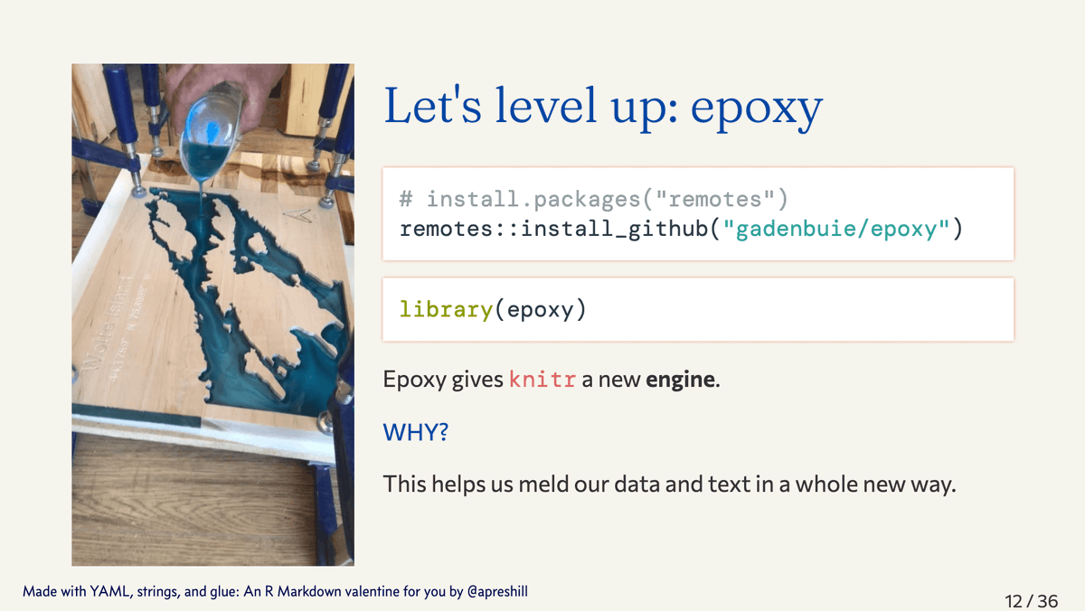 dataandme's tweet photo. 🧶 I missed the talk, but @apreshill's slides are still super handy!
📽 “Making R Markdown work better for you” 
https://t.co/KJyElKpUjl #rstats https://t.co/NXI3m6oELo