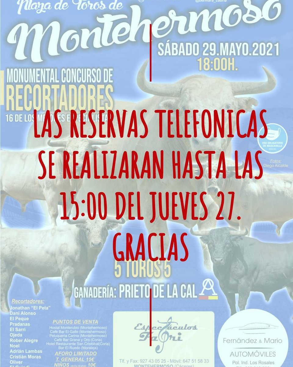 🚨🚨ATENCIÓN🚨🚨

☎️LAS RESERVAS TELEFONICAS ESTAN LLEGANDO A SU FIN. 

⏰RECORDAR, SOLO SE PUEDE RESERVAR HASTA LAS 15:00 DEL JUEVES 27 DE MAYO 2021. 

POSTERIORMENTE SOLO PODRÉIS ADQUIRIR LAS ENTRADAS 🎟 
EN LOS PUNTOS DE VENTA INDICADOS EN EL CARTEL O EL MISMO DIA EN TAQUILLA