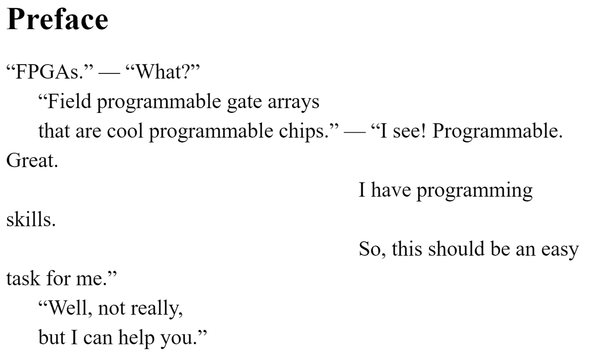 lvfpgabook's tweet photo. Reference [4] of Chapter 1 is FPGAs for Software Programmers.  FPGA books rarely target software programmers. This book does it well.  The image (from the Preface) is the hook. /1

Get this book: https://t.co/x27m5ScKGG

Get our book: https://t.co/i5A7E6u7Ma

#lvfpgabook #fpga https://t.co/IKYP1lI1QE