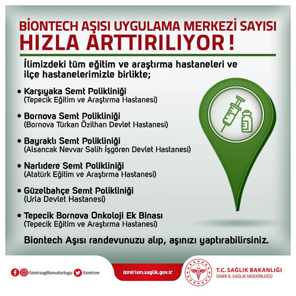 izmir il saglik mudurlugu on twitter tum egitim ve arastirma hastaneleri ve ilce hastanelerimizde karsiyaka bornova bayrakli narlidere ve guzelbahce semt poliklinikleri ile tepecik bornova onkoloji ek binasi nda randevunuzu alip biontech asisi