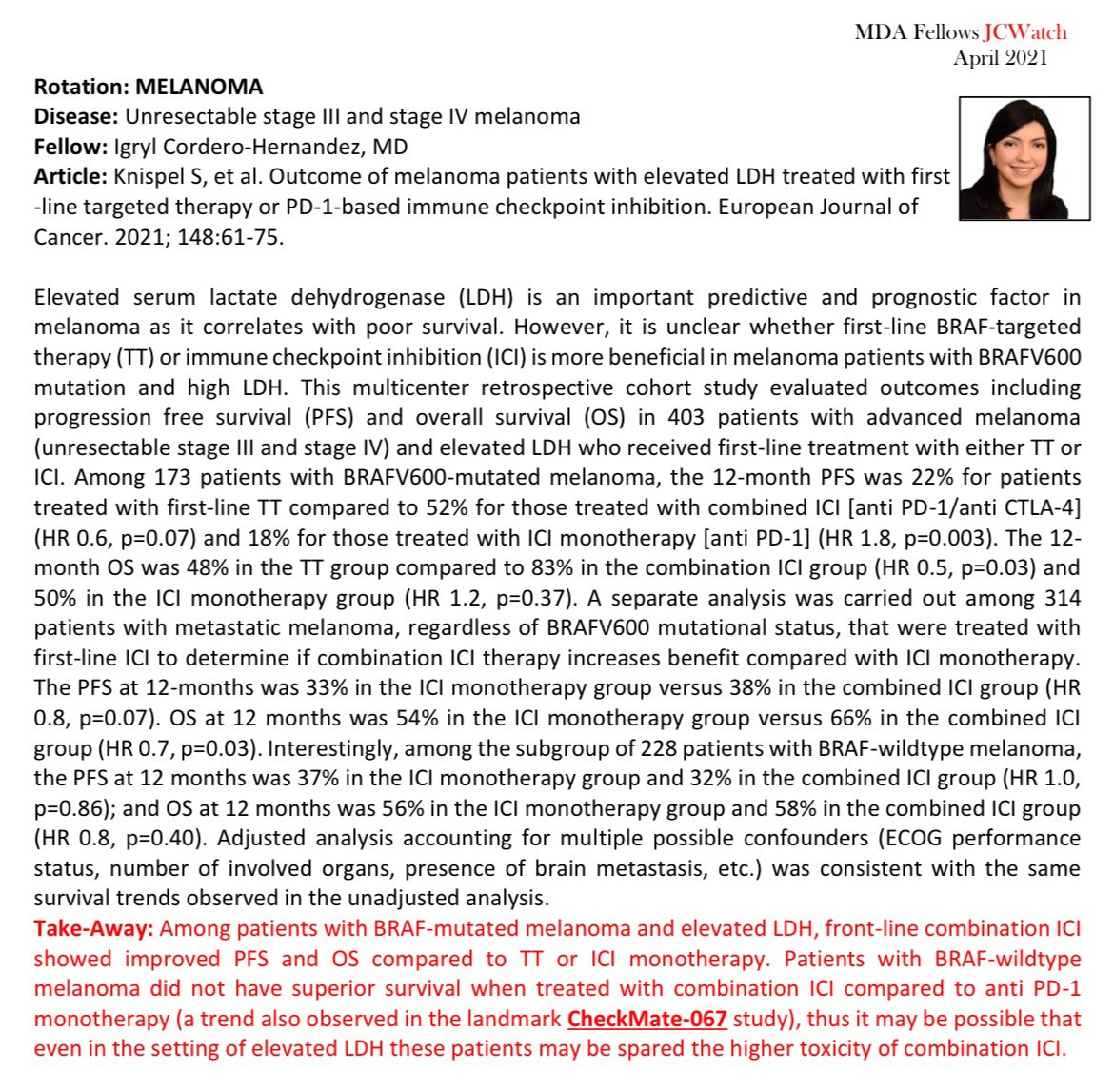 @esinghimd <a href="/AndrewJallouk/">Andrew Jallouk</a> <a href="/GuoJin1/">Jin Guo, MD</a> <a href="/MadhuEluri/">Madhu Eluri, MD</a> 7/Dr. <a href="/IgrylCH/">Igryl Cordero-Hernandez, MD</a> presented the results from this retrospective analysis analyzing the outcomes of patients with melanoma with elevated LDH treated with first line targeted therapy or immune checkpoint inhibition 💊💉 🔗 ejcancer.com/article/S0959-…