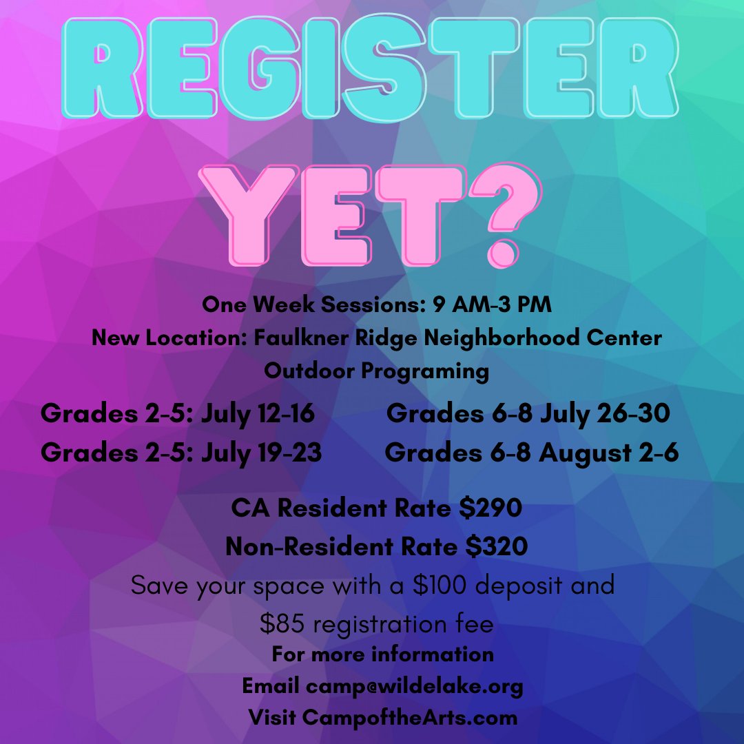 WildeLakeCA's tweet photo. Slayton House Theatre Camp of the Arts has spaces available in all sessions! To register email Rachael Strube at camp@wildelake.org! https://t.co/tdhSTiwIke