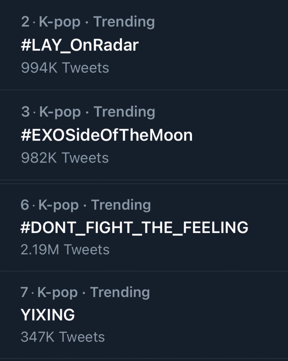aeridays's tweet photo. EXO world domination 

#LAY_OnRadar #EXO_OnRadar
#EXOSideOfTheMoon @layzhang 
#DONT_FIGHT_THE_FEELING 
@weareoneEXO  @B_hundred_Hyun https://t.co/smVH9mKeBB