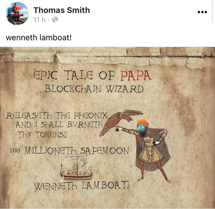 SafemoonWarrior's tweet photo. Thomas @papacthulu #SAFEMOON CTO shared this pic on Facebook. 

“Epic Tale of Papa. 
Blockchain Wizard. 

Releaseth the Pheonix and I shall burneth thy tokens. 

100 millioneth Safemoon.”

👀👀👀

https://t.co/i7XF311mjn https://t.co/kvhkyuPRK3
