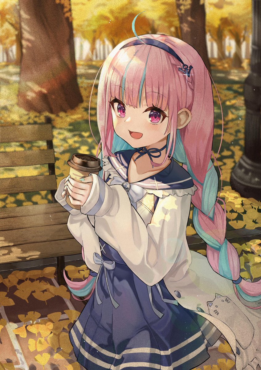 minato aqua 1girl autumn braid long hair disposable cup cup holding cup  illustration images