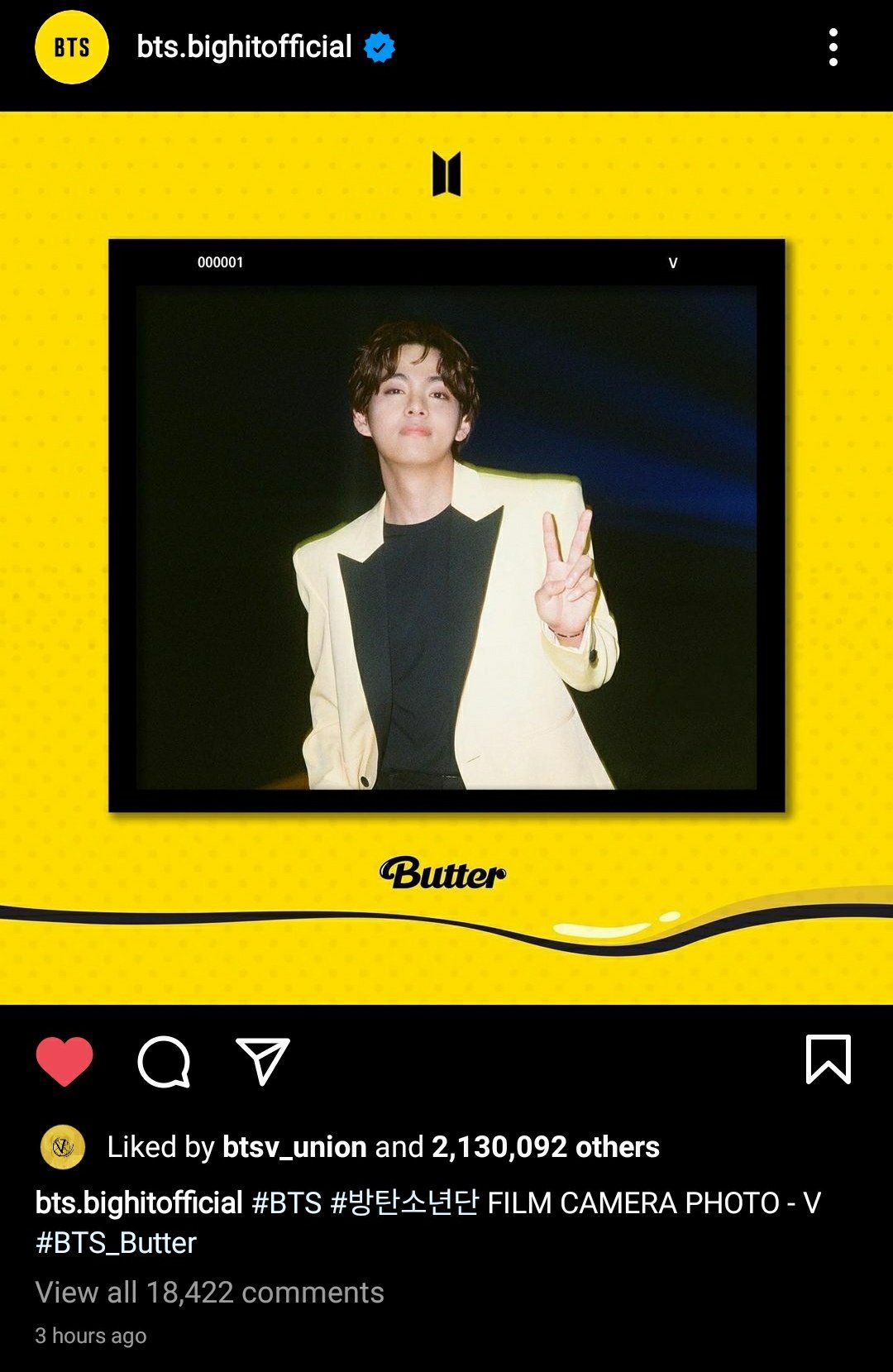 Elysha Kim Taehyung Ig Bts Butter Film Camera Photo Of Kim Taehyung Has Now Surpassed 2 000 000 Likes In Just 3 Hours The First Post To Do So Among The