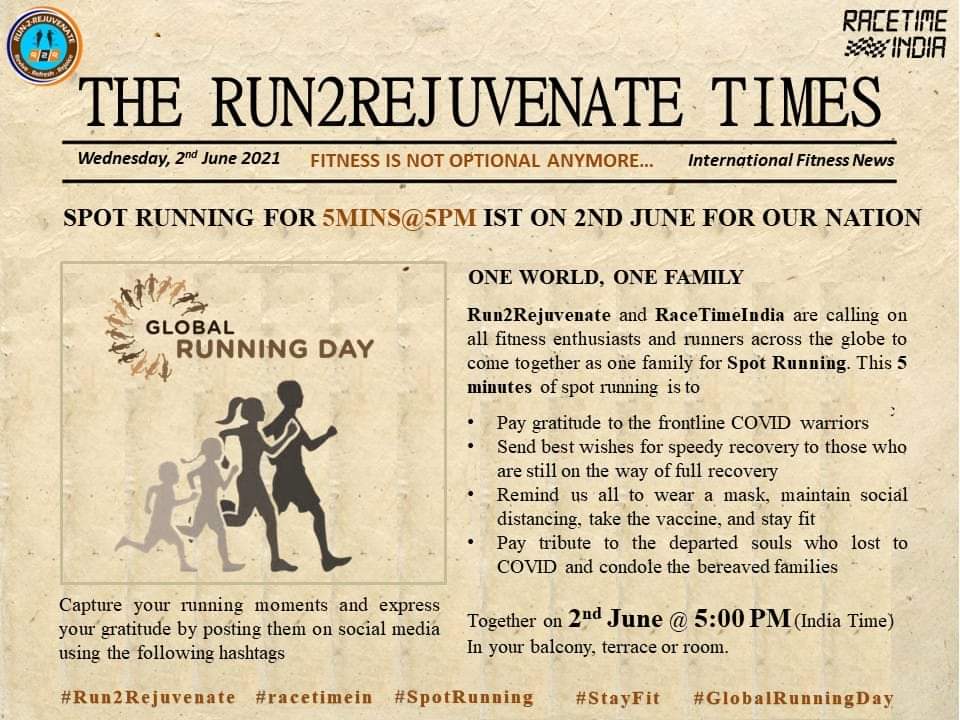 teamsumadhura's tweet photo. Let's come together for our nation &amp; our people and run/jog/walk a few hundreds of steps indoor to salute the frontline #Corona warriors. #Run2Rejuvenate, spot running for 5 Mins @ 5:00 PM on #GlobalRunningDay (2nd June 2021). Please visit: https://t.co/08ZkeWsi1m
#StayHealthy https://t.co/ldbKdXjyTM