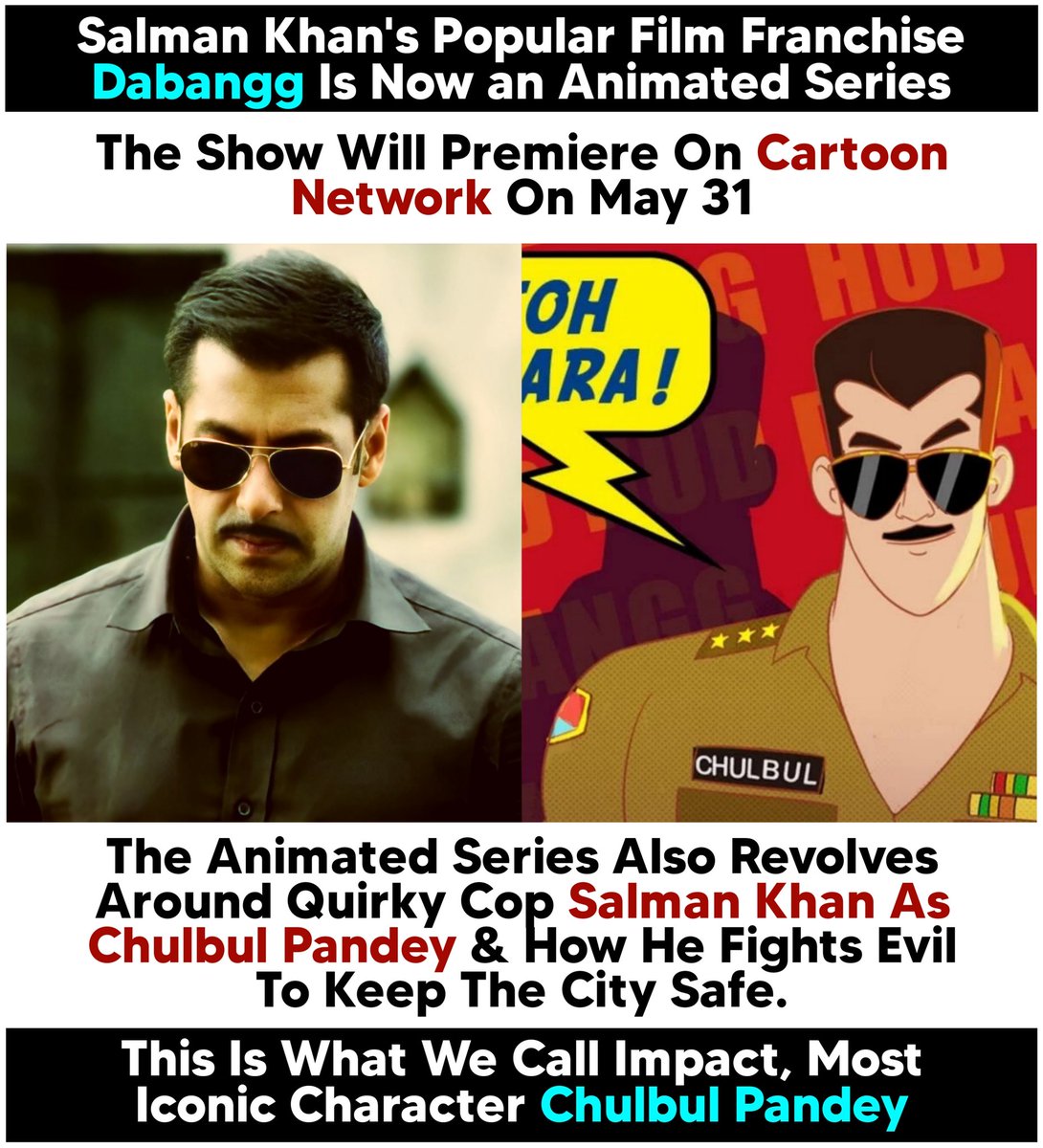 A 104 Episode Animated Series Of #SalmanKhan's #Dabangg On @cartoonnetwork starting from 31st May 💥 Produced by Cosmos-Maya & Warner medias
#ChulbulPandey