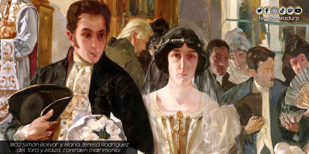 NicolasMaduro's tweet photo. Celebramos 219 años de la unión entre el Libertador Simón Bolívar y su siempre querida, María Teresa Rodríguez del Toro y Alaiza. El pueblo venezolano rememora este matrimonio como símbolo del amor que guió la vida de nuestro Padre de la Patria. https://t.co/o5rDW2bCCE