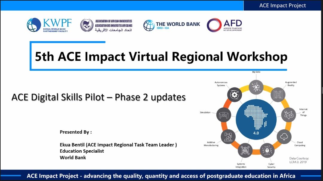 Highlights of the 5th ACE Impact Virtual Regional Workshop Day 2

The ACEs are deeply committed to advancing the quality, quantity and access of post graduate education in Africa.

<a href="/the_ACEProject/">Africa Higher Ed. Centers of Excellence-ACE Impact</a> @aceceforuniport
<a href="/COEUAEU/">COE_UAEU</a>
<a href="/acemfsfutm/">ACE, Mycotoxin and Food Safety, FUT, Minna</a>
<a href="/wascal_ci/">CENTRE WASCAL/CEA-CCBAD</a>
<a href="/Institut_2iE/">Institut 2iE</a>
@acegid