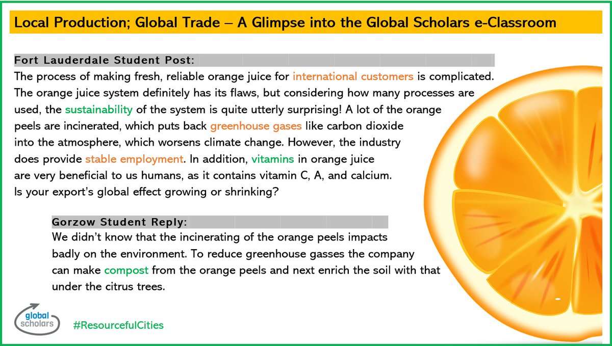 First, Global Scholars in Fort Lauderdale and Gorzów researched local industries. Next, they were ready for international dialogue on global issues. 🍊 #virtualexchange #ResourcefulCities