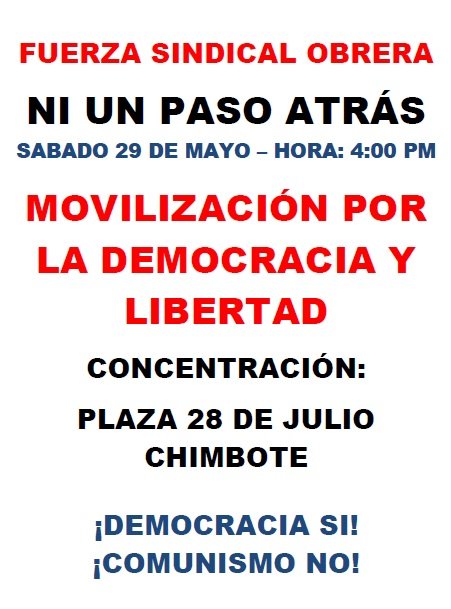 Fuerza Sindical Obrera: Marcha en Defensa de la Democracia y contra la amenaza Comunista. Está vez en Chimbote Región Ancash. <a href="/peru21noticias/">Perú21</a> <a href="/exitosape/">Exitosa Noticias</a> <a href="/canalN_/">Canal N</a> <a href="/Politica_LR/">Política y Economía La República</a> <a href="/diariocorreo/">Diario Correo</a> <a href="/RPPNoticias/">RPP Noticias</a> <a href="/noticiAmerica/">América Noticias</a> ,<a href="/noticias_tvperu/">TVPerú Noticias</a>