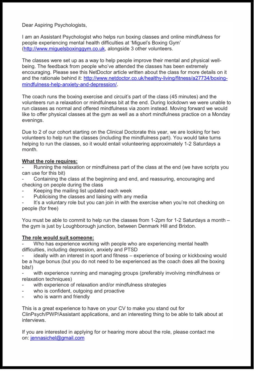 There’s an exciting opportunity to volunteer as an assistant facilitator of a boxing group and to lead a mindfulness class in the community. Feel free to drop me a message if you have any questions! 

#dclinpsy #aspiringpsychologist #psychtwitter #psychologystudent