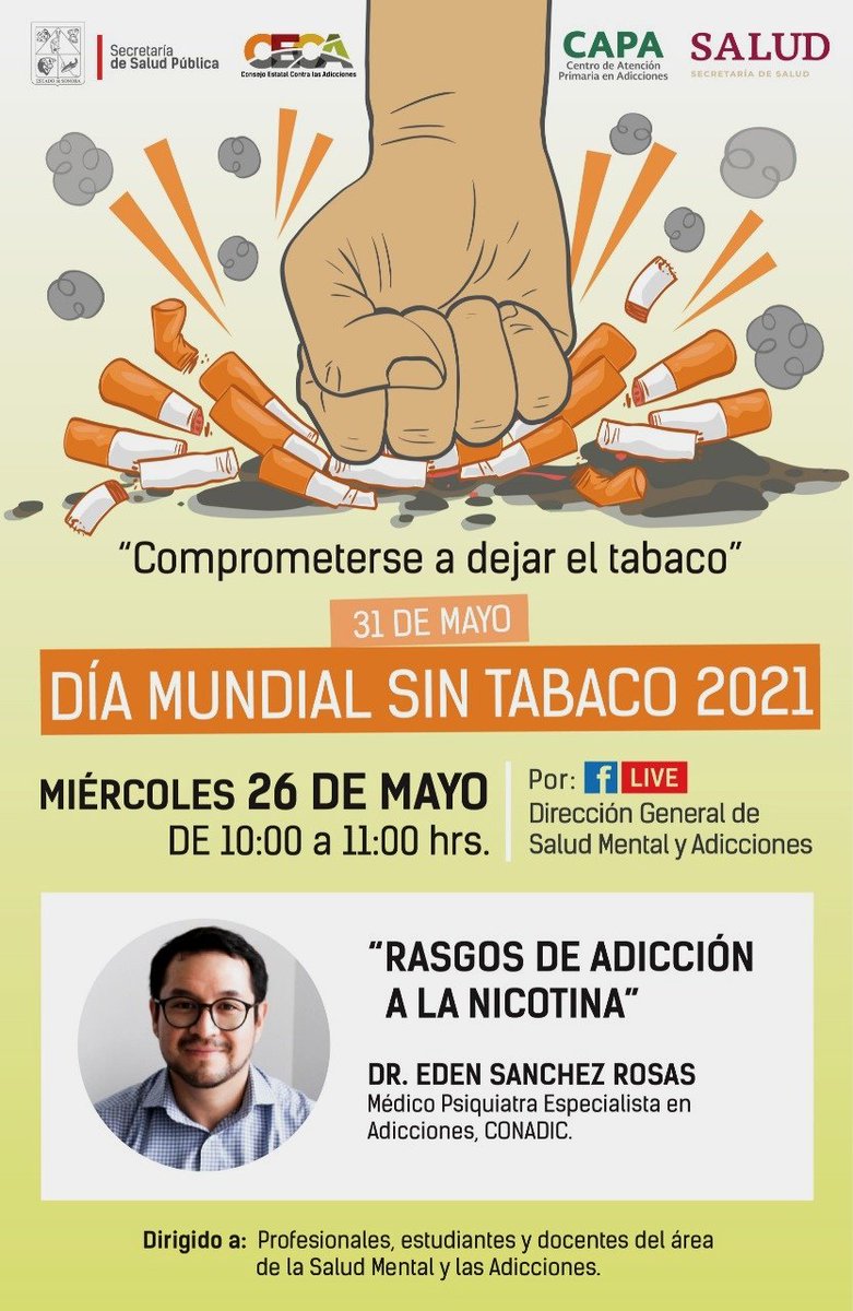 CECOSAMAObrSur's tweet photo. Centro de Higiene Mental "Carlos Nava Muñoz" Uneme Capa Hermosillo Norte y Capa Hermosillo Sur  Invitan a la Transmisión en Vivo 📲 de la  Conferencia "Rasgos de Adicción a la Nicotina" con el Dr. Eden Sanchez, Médico Psiquiatra Especialista en Adicciones de la #CONADIC https://t.co/6l7AqeR2lh