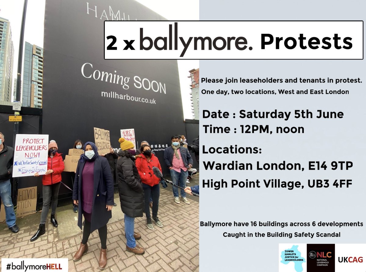 5th June, Ballymore leaseholders and tenants protest. Please come and support us in one of our two locations, West and East London. #weareballymore  #leaseholdscandal #EndOurCladdingScandal