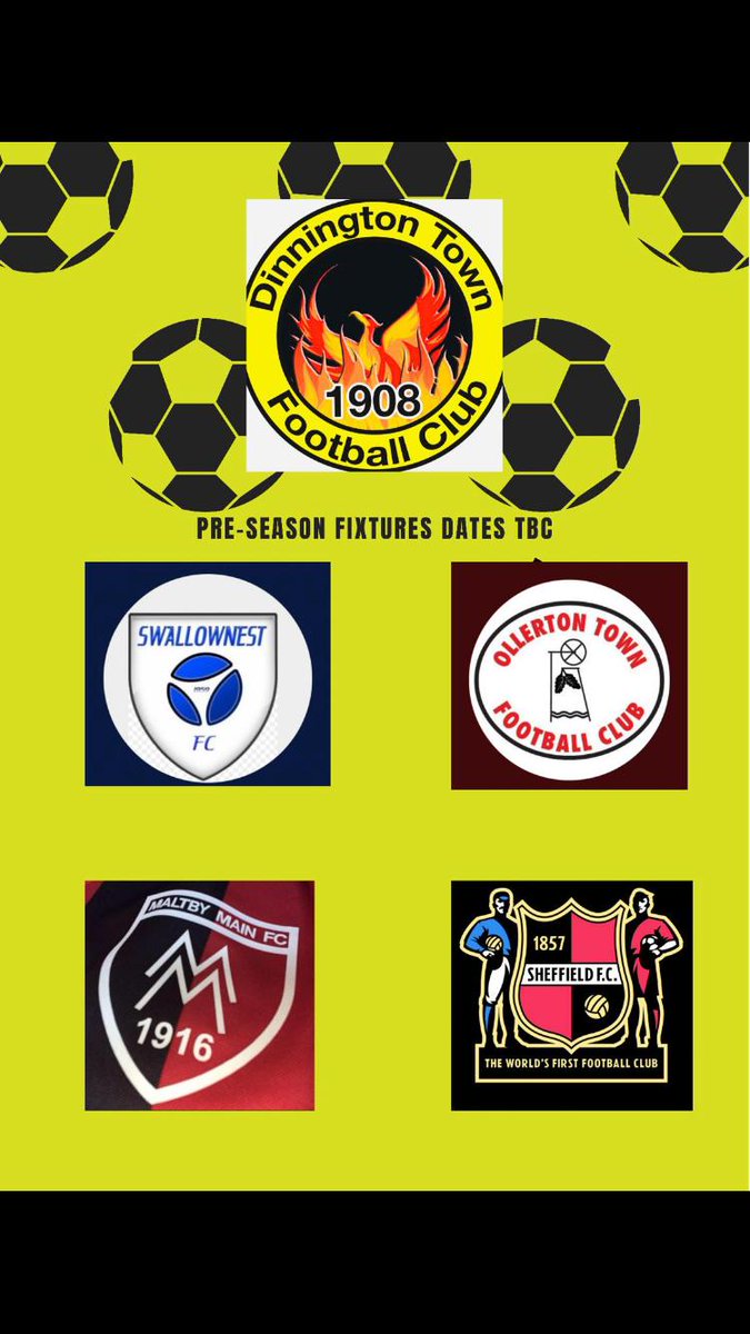 Pre season opponents for the upcoming season. 

We face some good opponents with times, dates and venues to be arranged. 

<a href="/MainMaltby/">Maltby Main FC.</a> 
@Ollertontown_fc 
<a href="/swallownestfc/">Swallownest FC</a> 
<a href="/sheffieldfc/">Sheffield Football Club</a>