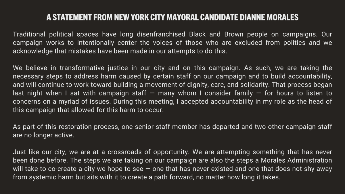 A statement from New York City mayoral candidate Dianne Morales. Statement is too long for alt text. See reply tweet for a text version of the statement.