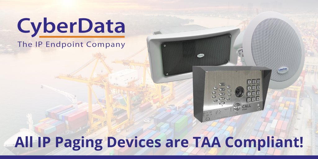 VoIPSupply's tweet photo. Did you know that all CyberData SIP-enabled, InformaCast-enabled, and Syn-apps-enabled devices are #TAA Compliant? Get more info here: #VoIP #IPPaging https://t.co/vkOMtyIRJD
@Cyberdatacorp https://t.co/13Cx0Rs8uU