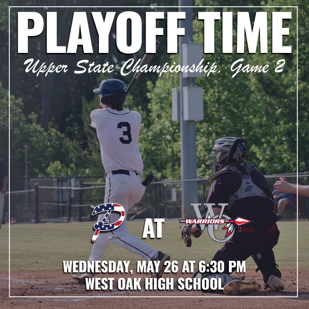 Baseball_PVHS's tweet photo. After dropping a hard fought game on Monday night, Powdersville hits the road to West Oak tonight for game 2 of the Upper State Championship series. First pitch is scheduled for 6:30. If you are able, come out and support your Patriots! https://t.co/XFaOUt876A