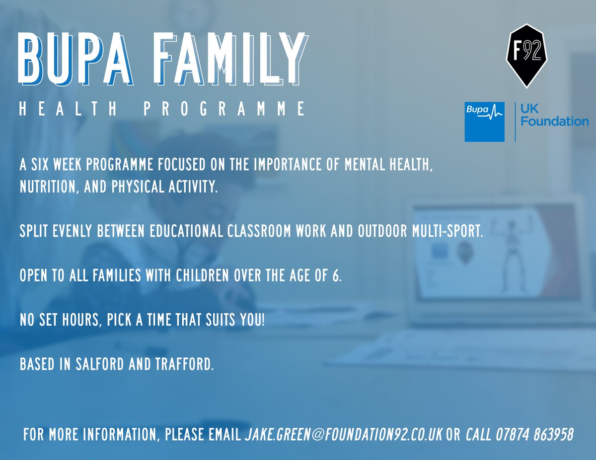 SalfordCity_FDN's tweet photo. There are spaces on our @BupaFoundation Family Health Programme! 💙

If you would like to improve your mental and physical health as a family, why not sign up today? 🙌

Email jake.green@foundation92.co.uk for more information! 📩 https://t.co/bTskL7DsBL