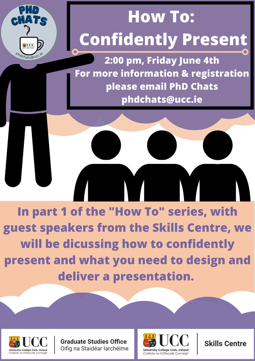 uccphdchats's tweet photo. Our next session is on June 4! W/ guest speakers from @UccSkills we will be discussing part 1 of the How to series "How to: Confidently Present"! 
Email phdchats@ucc.ie for more info!
#ucc #uccgso #uccskills #uccphdchats #phd https://t.co/sUGg4rGxw5