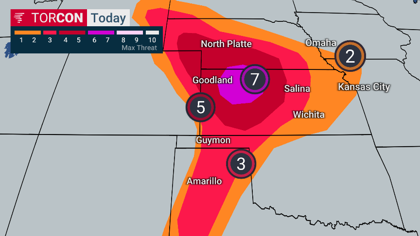 Tor:con Weather TOR:CON values go up to 7 across the Central Plains today. On air, we ...