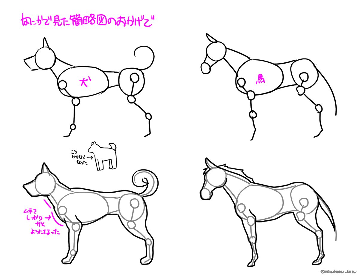 さっきタイムラインに流れてきてた葛飾北斎の「略画早指南」の話で思い出したんだけど、私も子供の頃何かの本で見た簡略骨格図のおかげで四つ足の動物にもちゃんと胸を描くようになったんだよね。
ちなみに馬はDr.スランプ17巻の駈けずりまわる青春の扉絵で練習した記憶。 
