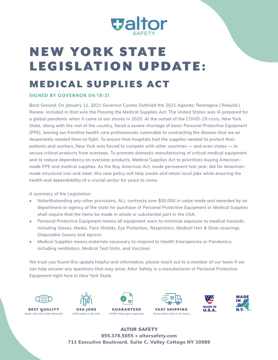 The #NewYork Medical Supplies Act is now in effect, PPE purchases by the State and its entities over $50k will need to be USA made - this is a huge step in securing this important #supplychain.

#ThankYou <a href="/NYGovCuomo/">Archive: Governor Andrew Cuomo</a>, <a href="/senatorERM/">NYS Senator Elijah Reichlin-Melnick</a>, <a href="/EmpireStateDev/">Empire State Development</a>, @LtGovHochulNY 

#BuyAmerican