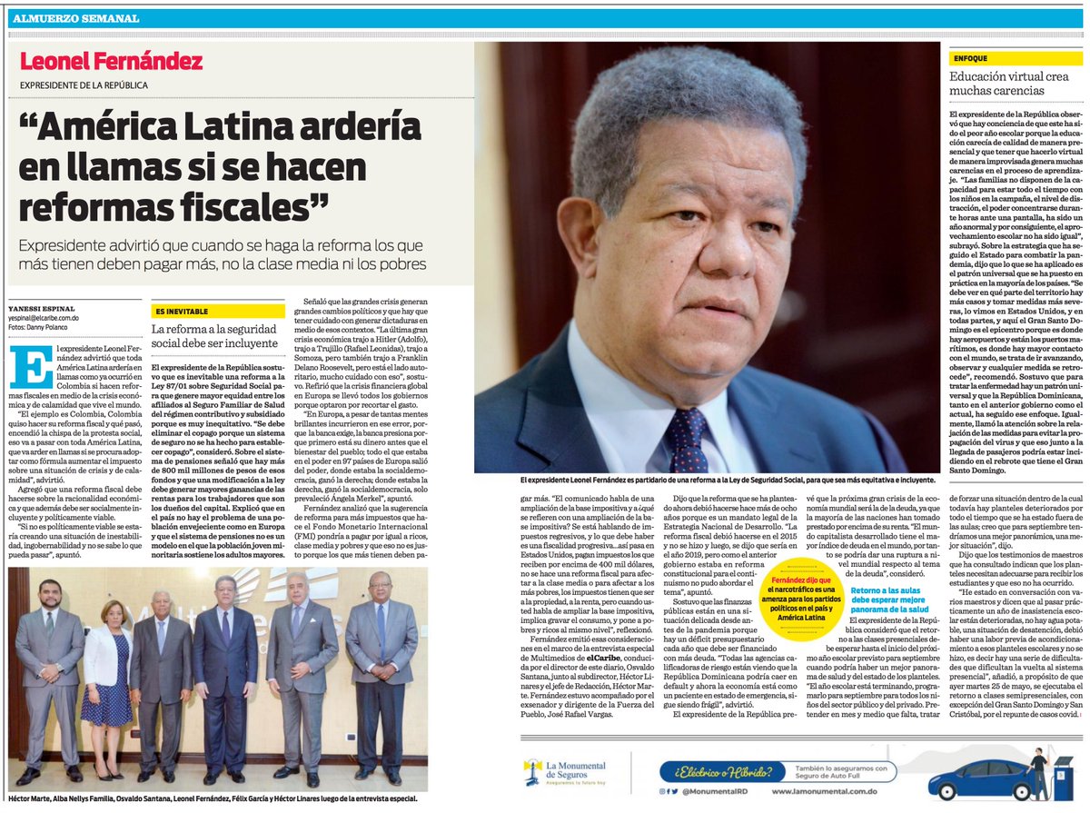 En una extensa entrevista en <a href="/ElCaribeRD/">El Caribe</a>  <a href="/LeonelFernandez/">Leonel Fernández</a> reflexiona sobre los peligrosos efectos que tendría sobre su país una reforma fiscal que afecte a la clase media y los más vulnerables.
Leonel Fernández preside en #RepublicaDominicana el partido <a href="/FPcomunica/">@Fuerza del Pueblo (FP)</a>