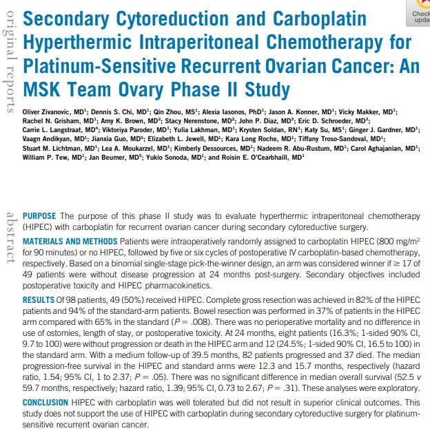 #WriteAboutItWednesday We are proud to highlight this important work on #HIPEC at the time of secondary surgery for #ovariancancer. Congrats to all authors!!! <a href="/zivanovicmd/">Oliver Zivanovic</a> <a href="/ROCearbhaill/">Róisín O’Cearbhaill</a> <a href="/dchimd/">Dennis S. Chi</a> @rachelgrishamMD <a href="/KaraLongRoche/">Kara Long</a> @aburustumm <a href="/CarryAghaj/">Carol Aghajanian</a> doi.org/10.1200/jco.21…