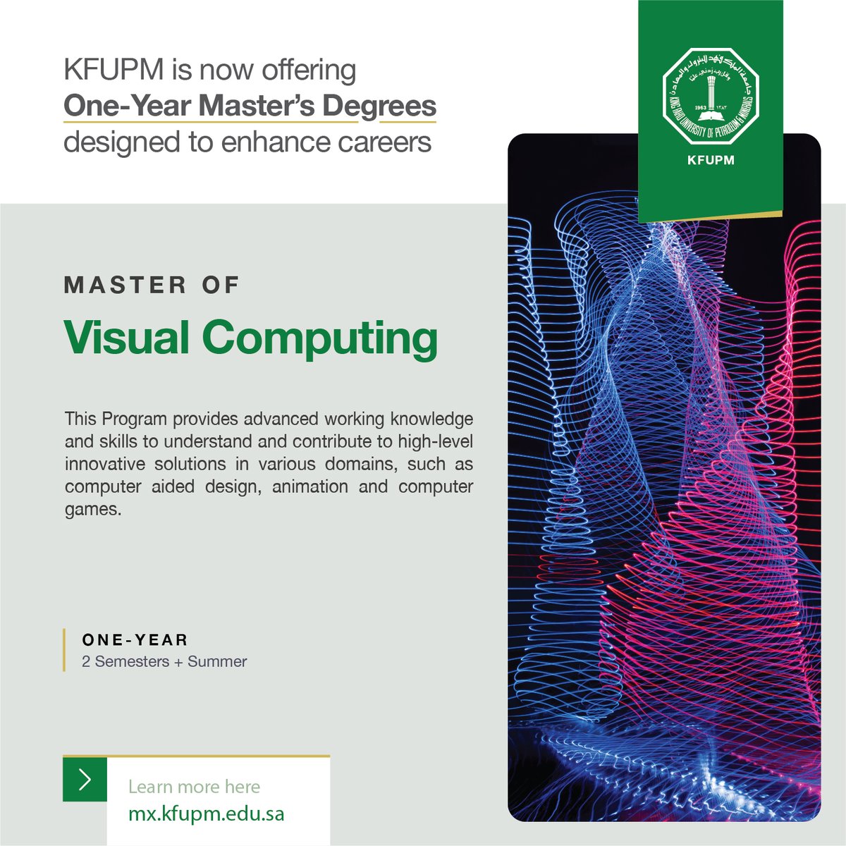 KFUPM's tweet image. Contribute to high-level innovative solutions! Apply now to one of #KFUPM one-year Master Programs and earn the skills needed to excel your career. Learn more at mx.kfupm.edu.sa #VisualComputing #Computing