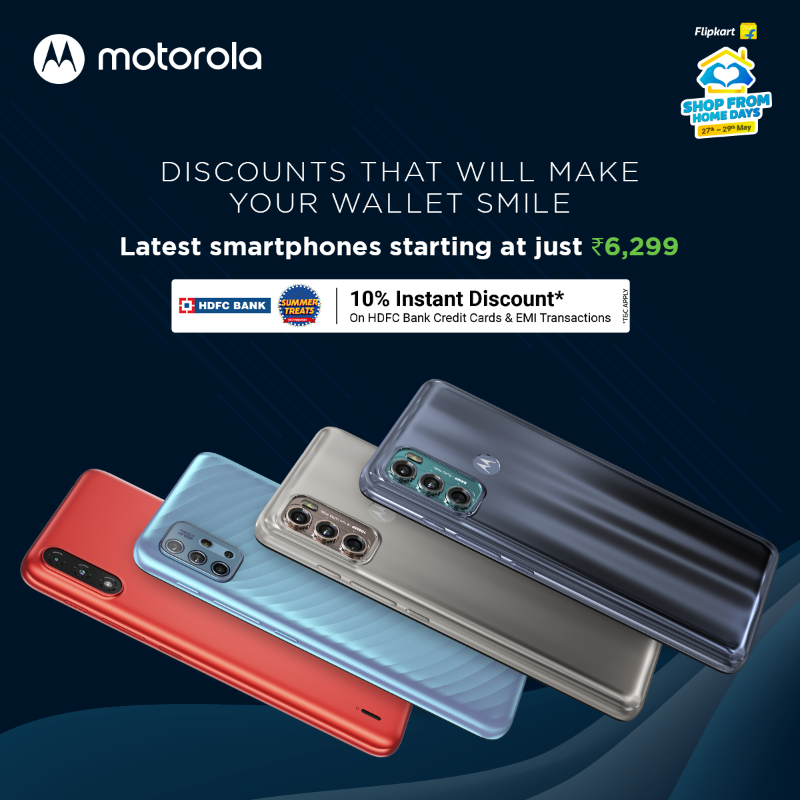 motorolaindia's tweet photo. When we say that there's a #Motorola smartphone for everyone, we mean it! Choose from the best of range and avail instant 10% off on HDFC bank credit cards & EMI transactions in @Flipkart's #ShopFromHomeDays sale. Offer valid till 29th May.