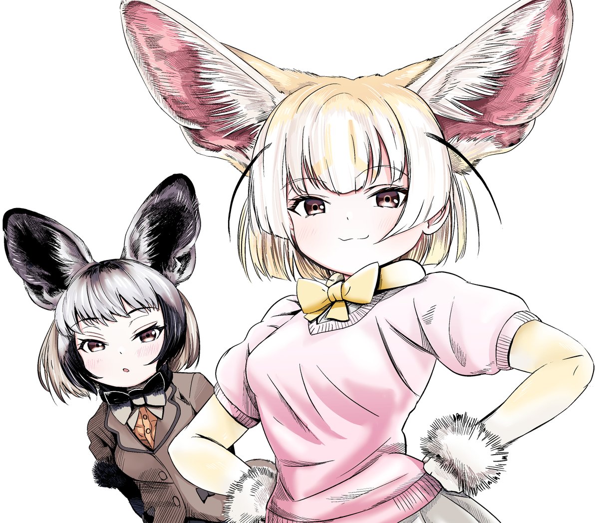 フェネック(けものフレンズ) 「フェネックとオオミミギツネちゃんを描いたやつ 」|明け方とばりのイラスト