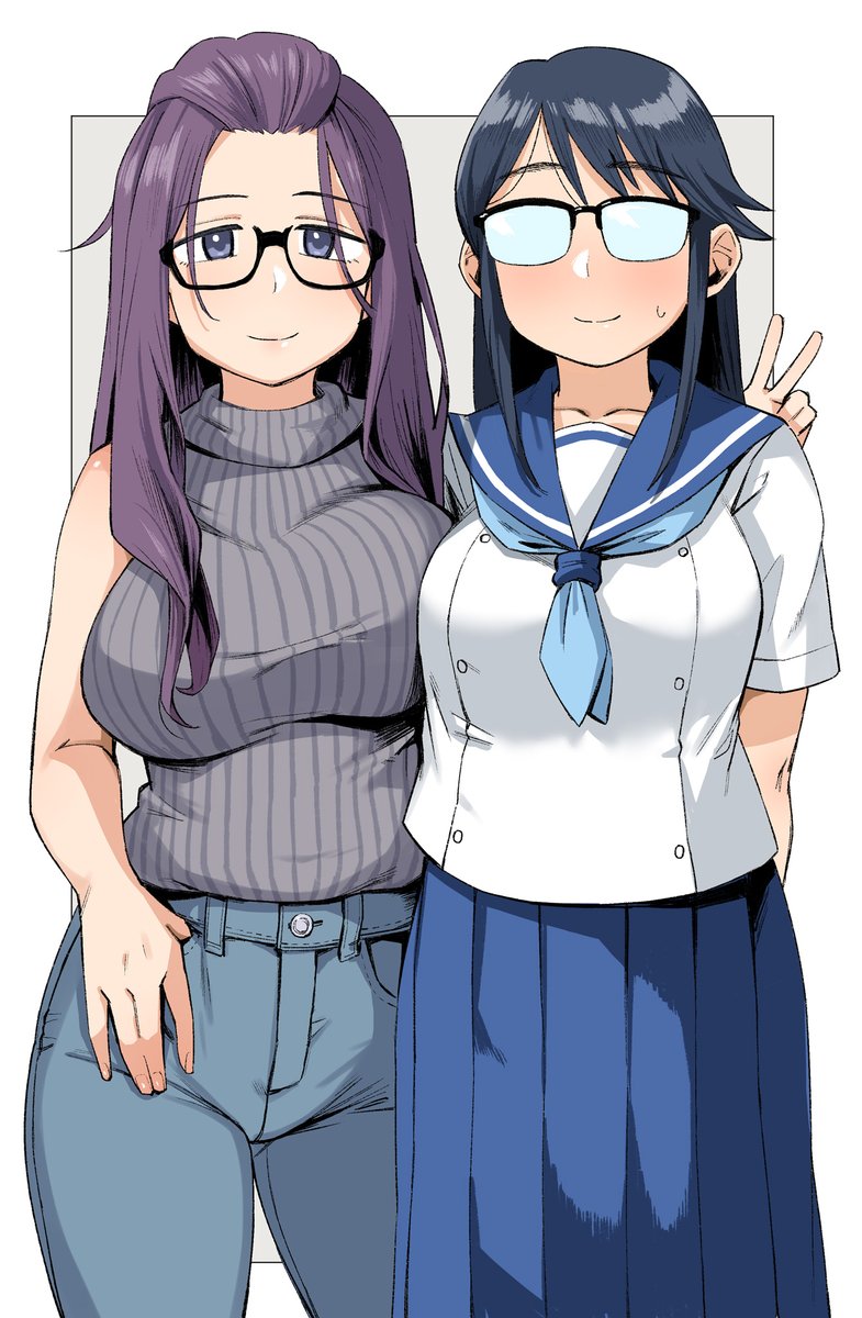multiple girls glasses 2girls school uniform purple hair skirt long hair  illustration images