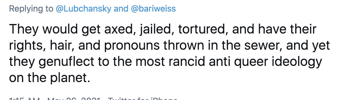 someone responding "They would get axed, jailed, tortured, and have their rights, hair, and pronouns thrown in the sewer, and yet they genuflect to the most rancid anti queer ideology on the planet" to me