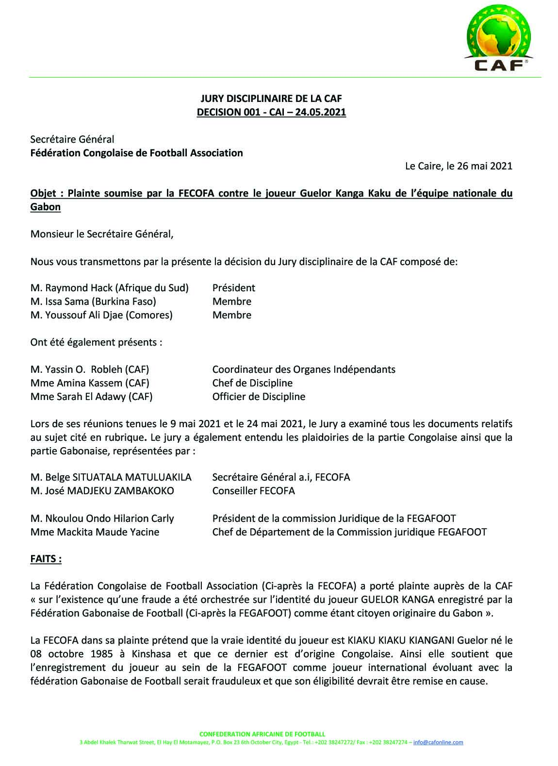 Affaire Kanga : la CAF déboute la RDC, le Gabon ira bien au Cameroun !